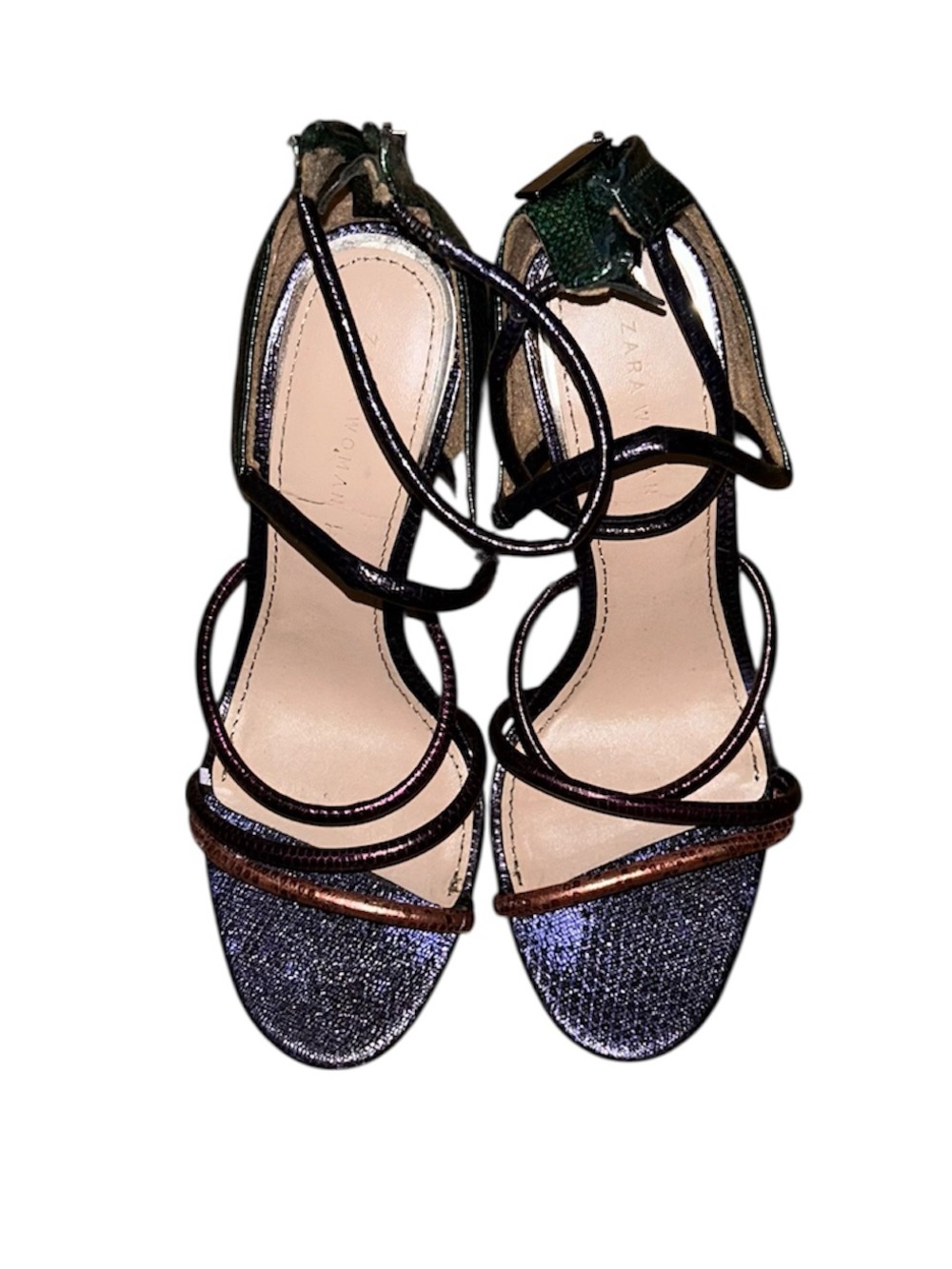 ZARA Black Patent Strappy Sandals with Metallic Blue Toe
